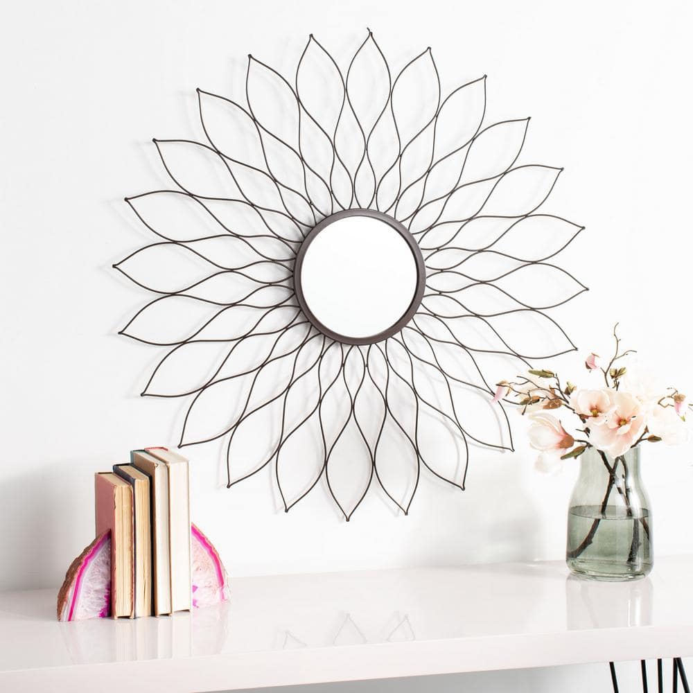 Contemporary Sunburst Round Mirror in Cream and Gold, 35"