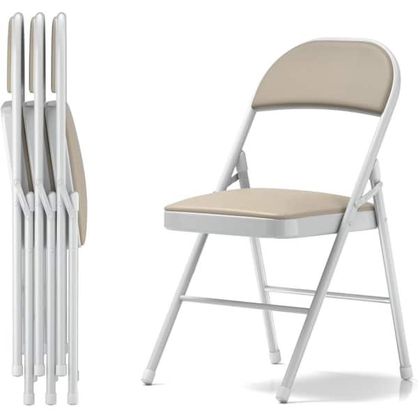 Folding Chairs Beige Metal Seat Portable Metal with Ultra Soft PU Padded Cushion Banquet Chair Square Seats Set of 4