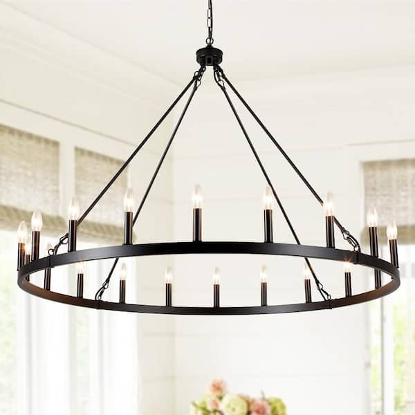 20-Light Black Farmhouse Candle Style Hanging Wagon Wheel Chandelier Lighting for Kitchen Island
