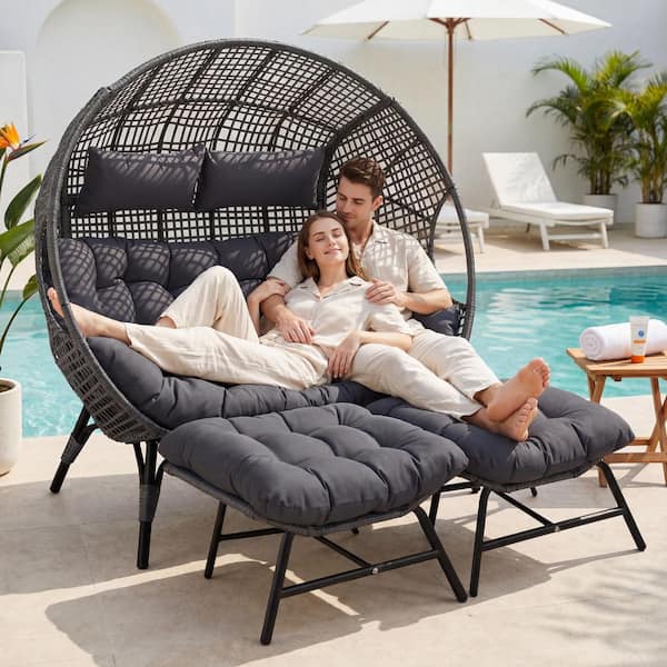 Oversized 2-Person Wicker Outdoor Patio Lounge Chair with 2-Ottomans, Dark Gray