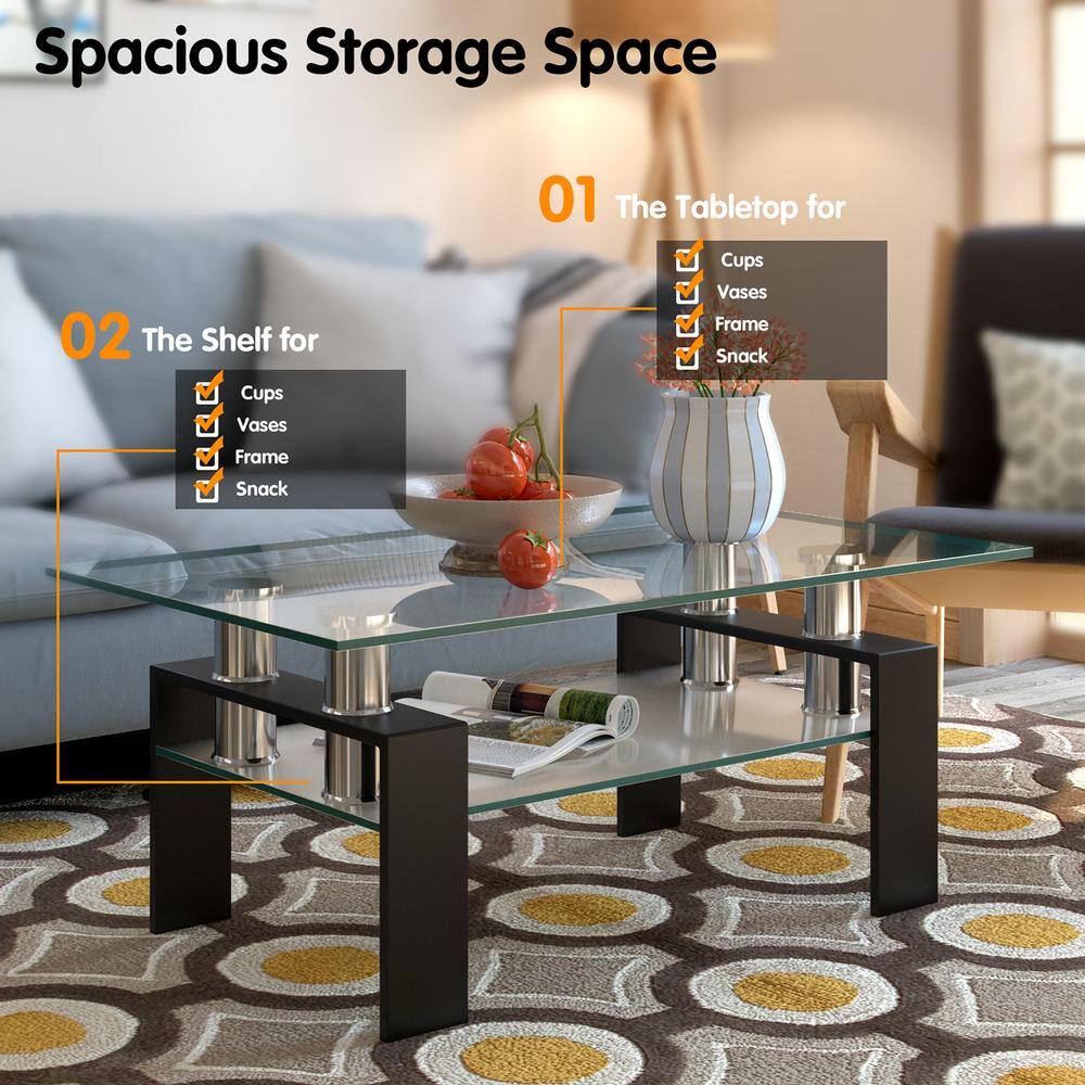 Modern Rectangular Glass Coffee Table with Black Metal Legs