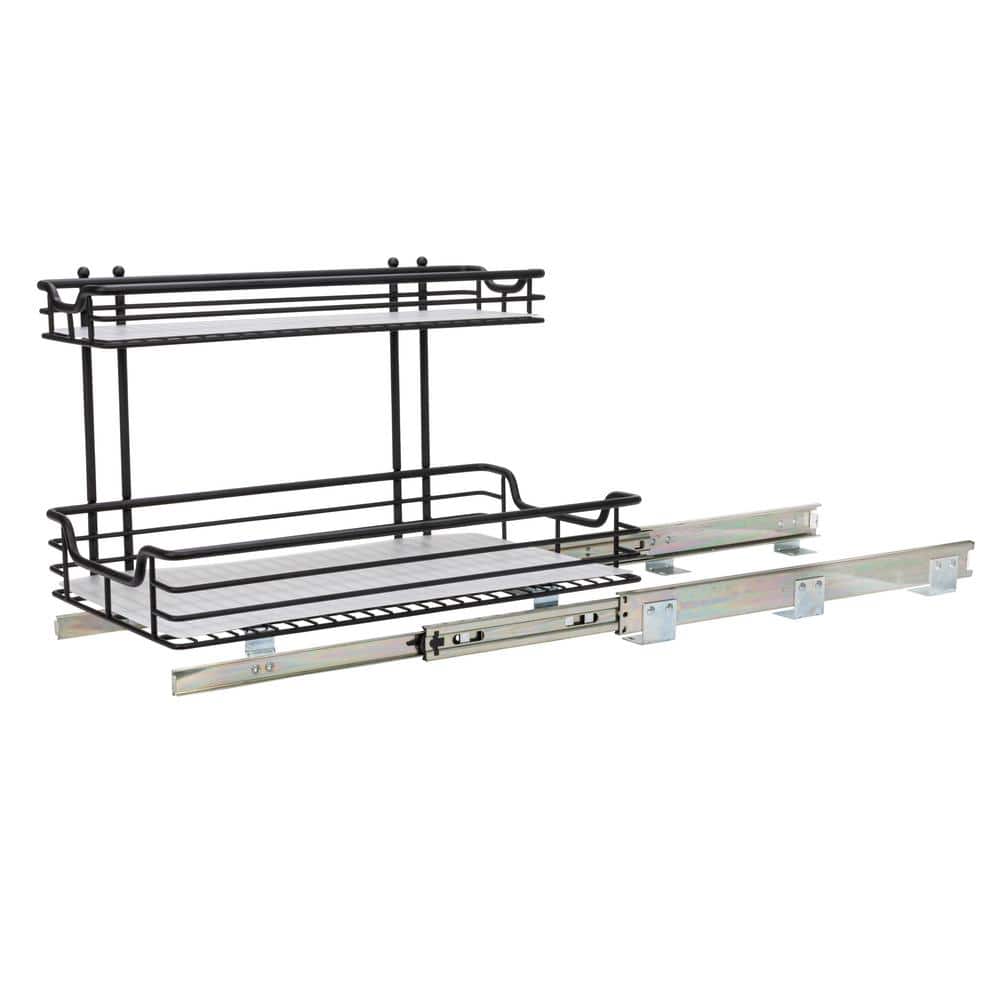 Black Steel 2-Tier Under Sink Storage Organizer with Plastic Liners