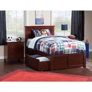 Madison Walnut Twin Solid Wood Storage Platform Bed with Flat Panel Foot Board and 2 Bed Drawers