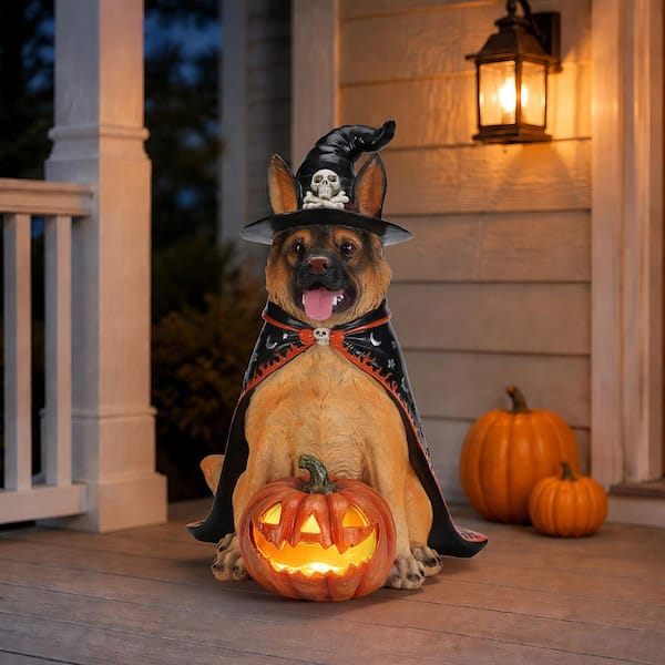 holiday dress up dog statue Halloween German Shepherd Shed Shelving, Large Sitting Dog Figurine with Witch Hat and Cape, Jack-O-Lantern ZY-009821 selects24