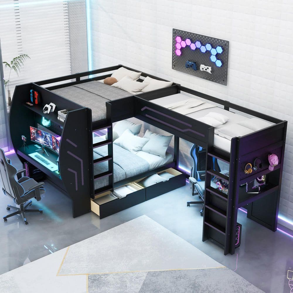 Harper & Bright Designs Gaming Black Full and Twin over Full Size Bunk ...