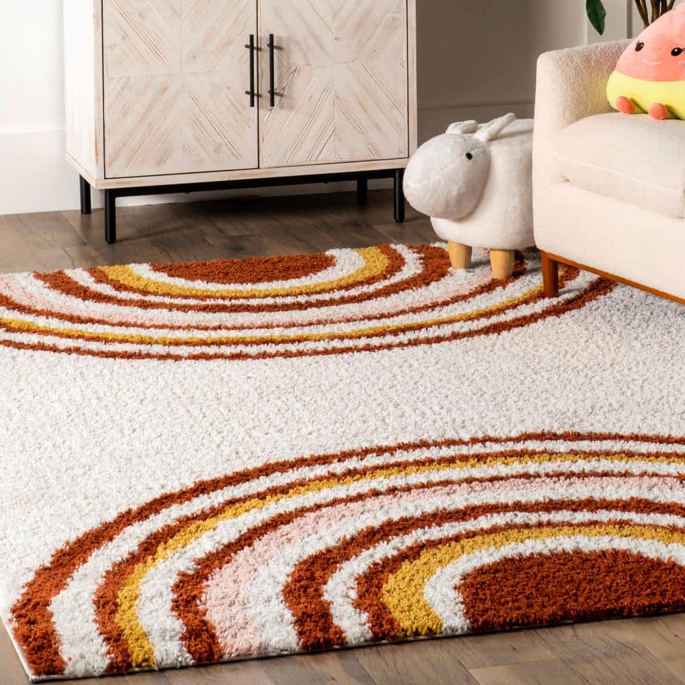 Dotty Half Sunset Shag Area Rug, 6' 7" x 9', Orange and White