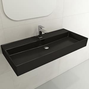 Milano 39.75 in. 1-Hole Matte Black Fireclay Rectangular Wall-Mounted Bathroom Sink with Overflow