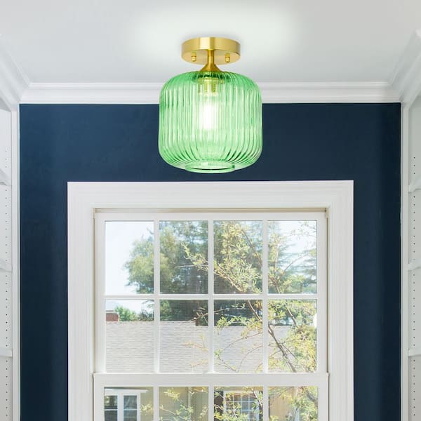 River of Goods Vanna 8 in. Gold-Tone Metal Semi Flush Mount with Green Globe Shade