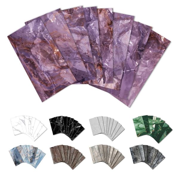 Purple 4 in. x 8 in. PVC Marble Peel and Stick Backsplash Wall Tile for Kitchen, Bathroom, Laundry Room, 32-Pack