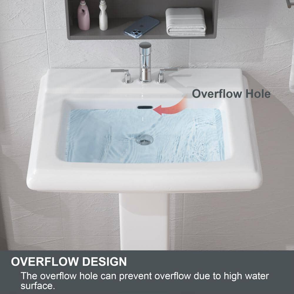White Rectangular Ceramic Pedestal Sink with Overflow