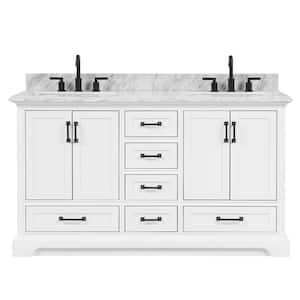 Pincle 61 in. W x 22 in. D x 39 in. H Freestanding Bath Vanity in White with Carrara Marble Top Backsplash Included
