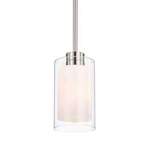 Daley 1-Light Brushed Nickel Dual Shaded Mini Pendant Light with Clear Glass and White Glass