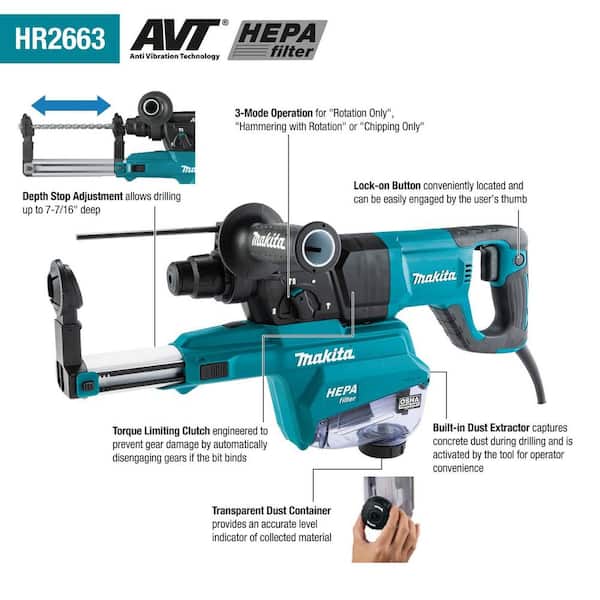 1 in. SDS-PLUS AVT Rotary Hammer, w/HEPA Dust Extractor, 3-mode, variable speed, case (D-handle)