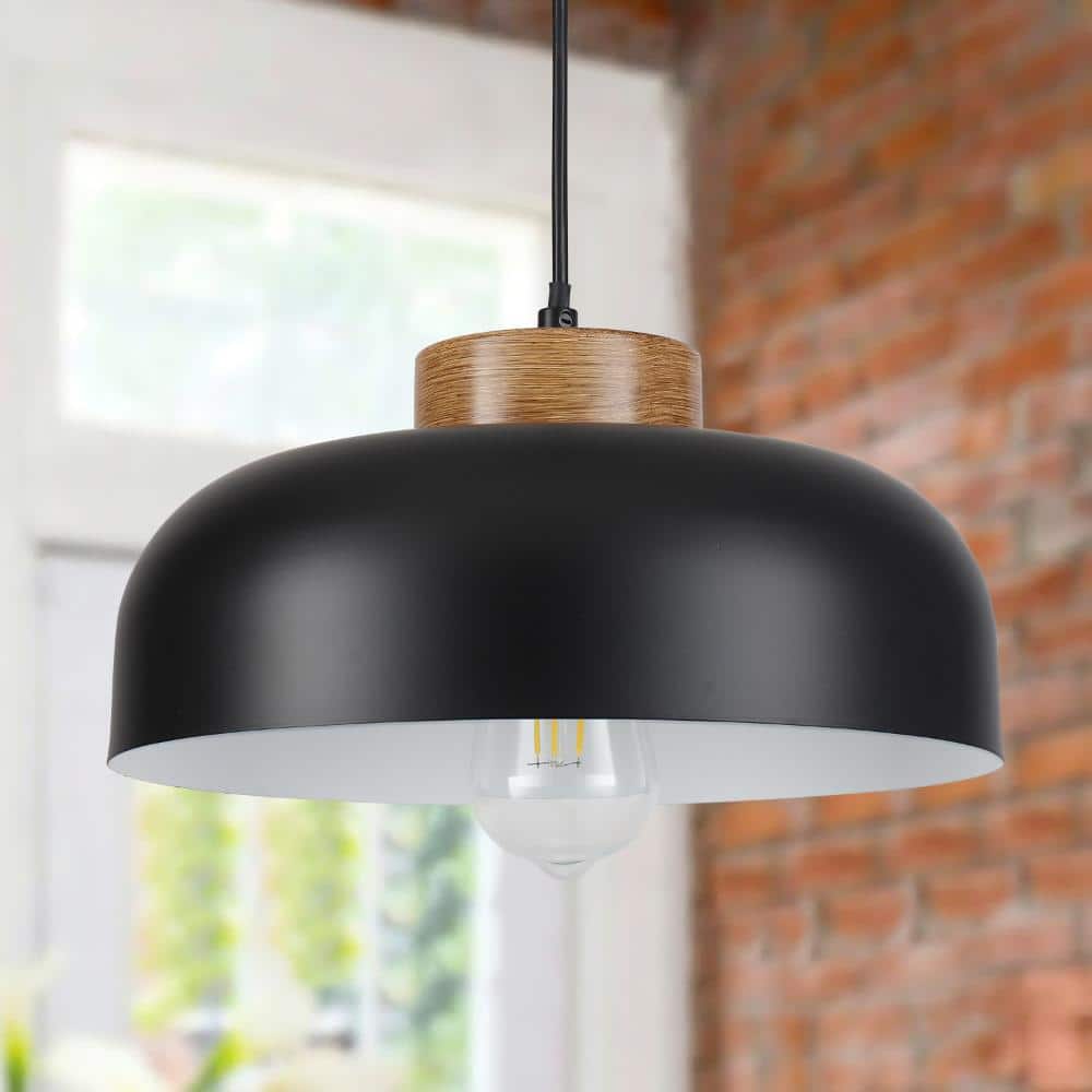 12.3 in. 1-Light Matte Black and White Farmhouse Pendant Light with Dome Metal Shade and Faux Wood Accent price history on PriceWatchPro