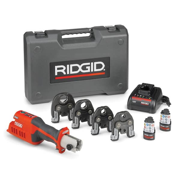 RIDGID RP 241 Compact Inline Press Tool Kit Includes 4 ProPress Jaws (1/2, 3/4, 1, 1-1/4 in.), 2-12V Batteries, Charger + Case