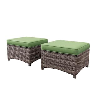 Brown Wicker Outdoor Ottoman Patio Footstool with Green Cushions (2-Pack)