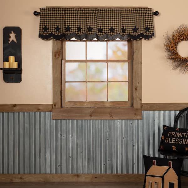 Layered Star Scalloped Check 60 in. L x 16 in. W Cotton Valance in Black Khaki