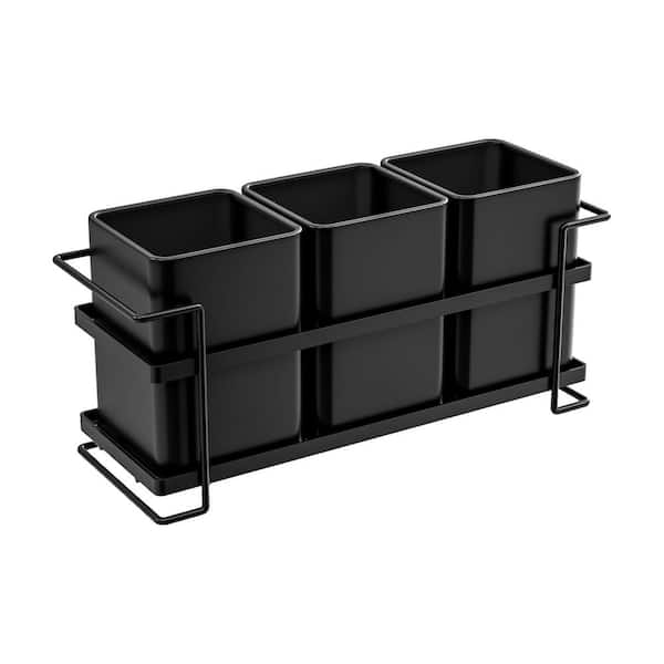 Black Metal 3-Compartment Utensil Holder with Built-In Handles for Countertop or Tabletop Use