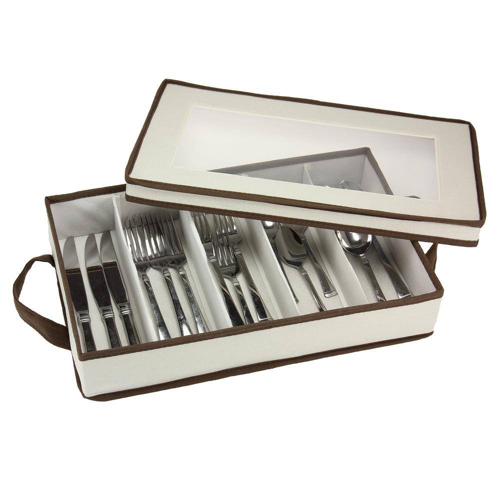 Natural Canvas Flatware Storage Chest with Brown Trim