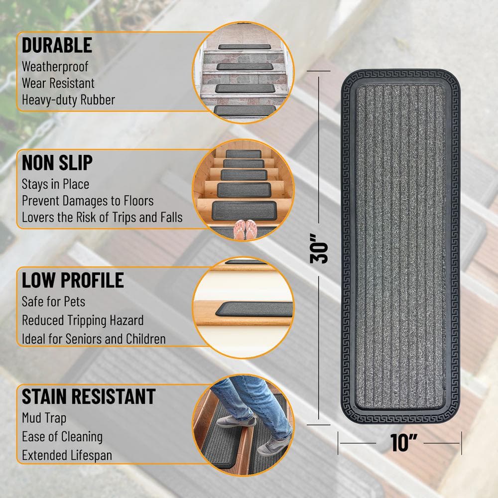 Gray Rubber Non-Slip Indoor/Outdoor Stair Treads 10" x 30" (5 Pack)