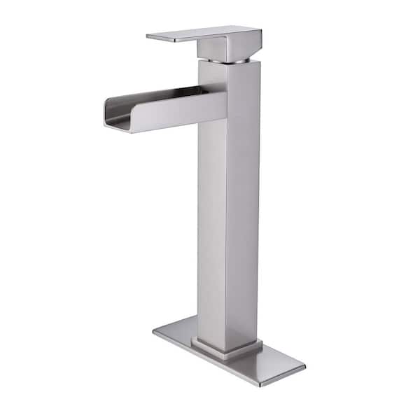AIMADI Single Handle Waterfall Bathroom Vessel Sink Faucet with Deckplate Single Hole Tall Bathroom Faucets in Brushed Nickel