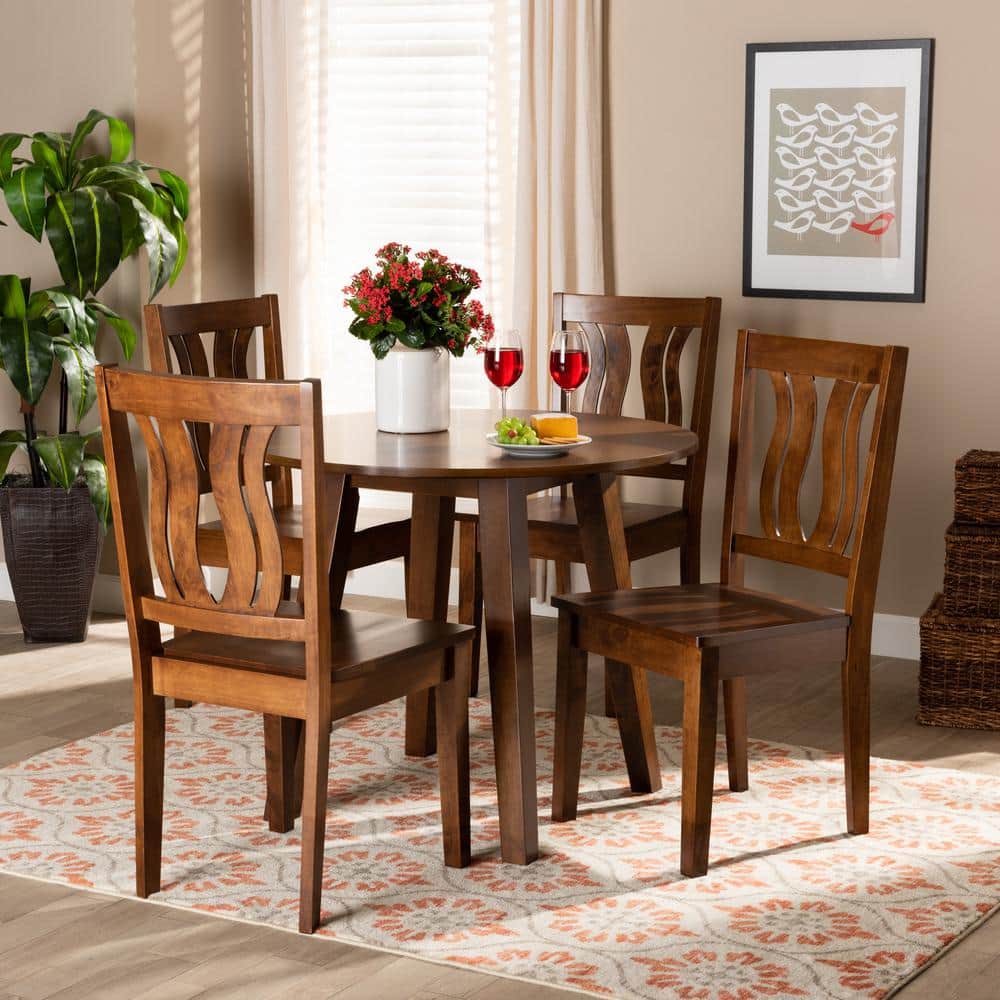 Walnut Brown Finished Wood 5-Piece Dining Set with Geometric Cut Out Chairs