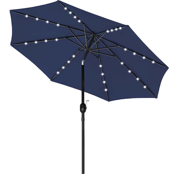 Zeus & Ruta 9 ft. 32 LED Lighted Steel Patio Umbrella in Blue with Push Button Tilt for Garden, Deck, Backyard