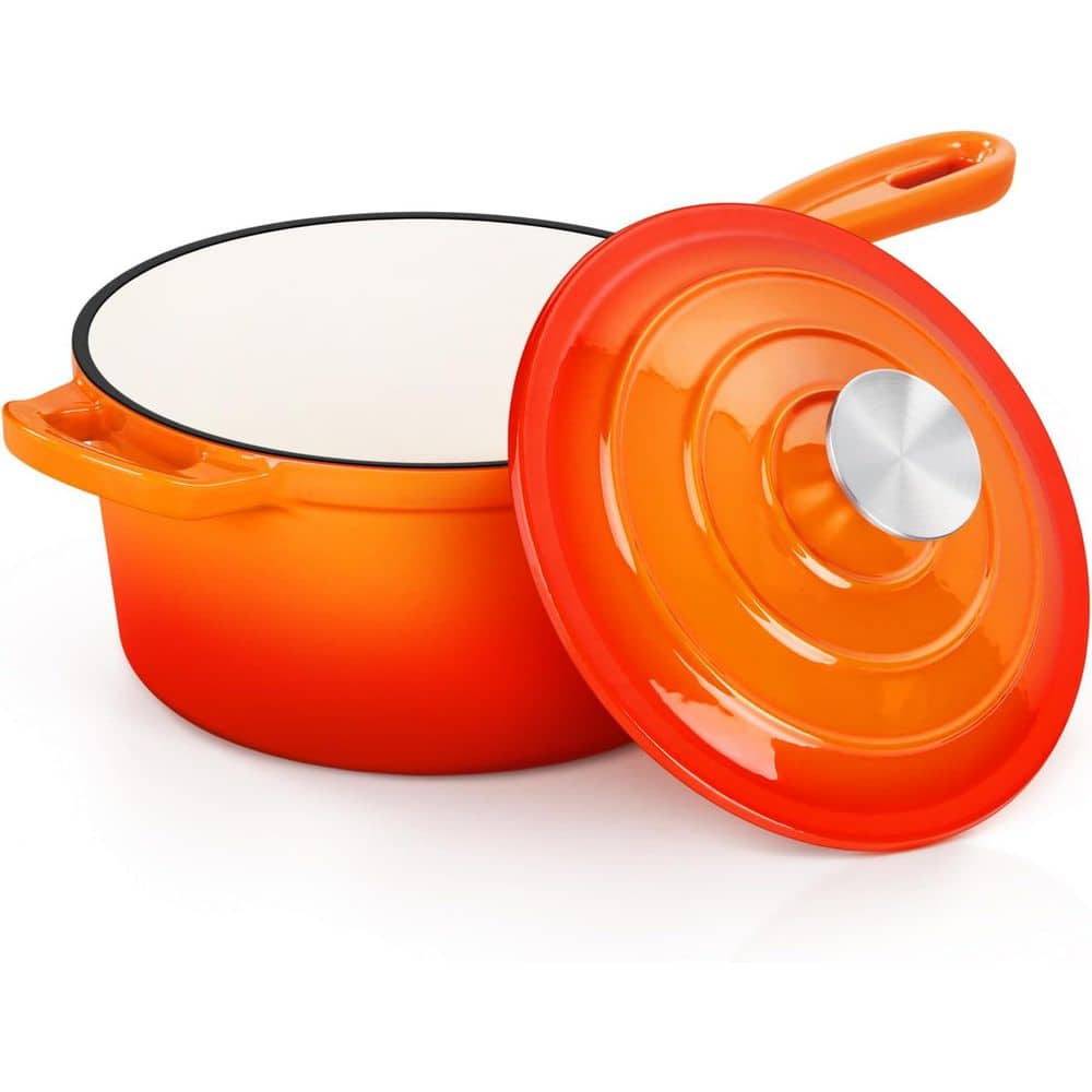 UUDULY 2-Piece Orange Enameled Cast Iron Saucepan Set Induction