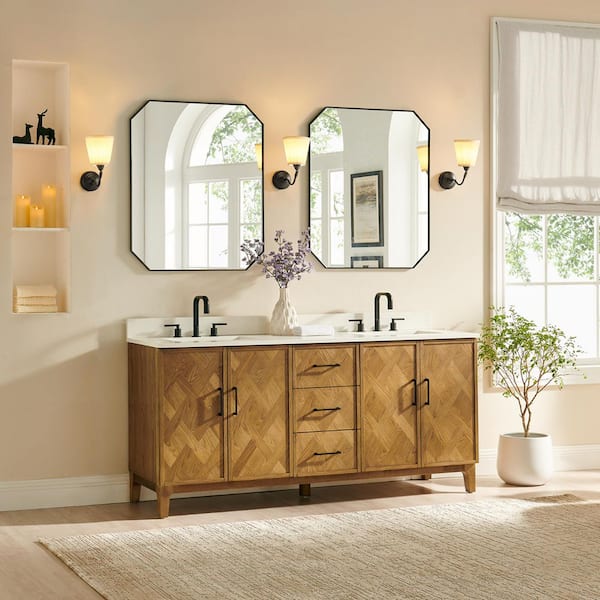Clara 72 in. Double Freestanding Weathered Brown Bath Vanity with Calacatta Truffle White Quartz Top Assembled