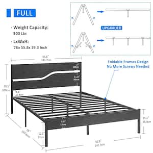 Platform Bed，Black Metal Bed Frame ，Full Size Platform Bed with Wooden Headboard， Under Bed Storage，55.8 in. W