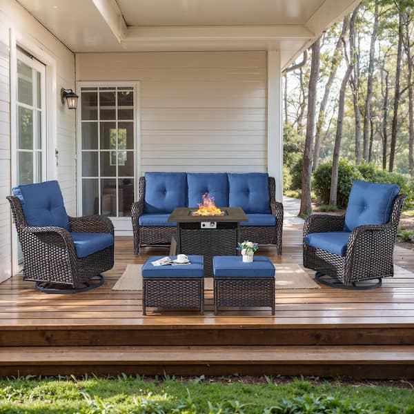 moosprr 6-Piece Brown Wicker Fire Pit Conversation Set with Olefin Blue Cushions and Curved Arm Swivel Glider Rocking Chairs