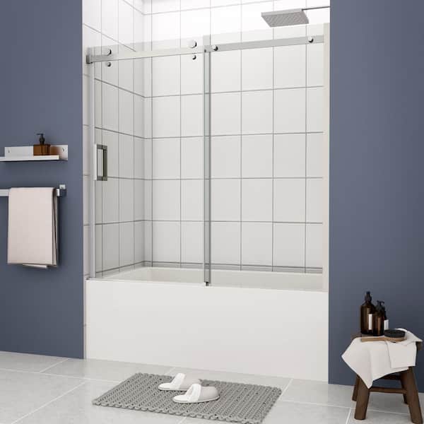 Unbranded 60 in. W x 58 in. H Semi Frameless Sliding Tub Door in Chrome with Clear Tempered Glass