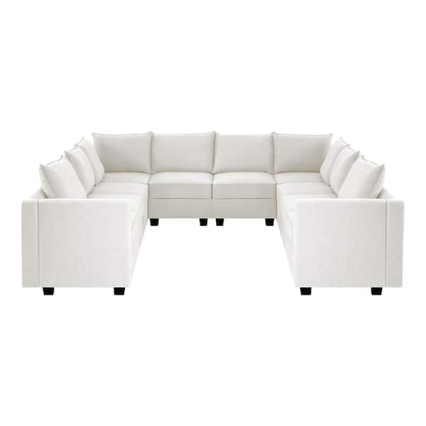 HOMESTOCK 164.38 in Modern 10-Seater Upholstered Sectional Sofa - White Down Linen - Sofa Couch for Living Room/Office