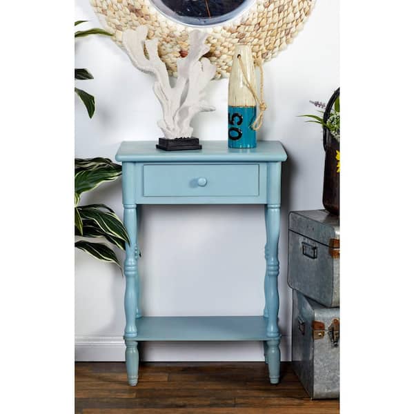 Litton Lane 14 in. Blue 1 Drawer and 1 Shelf Extra Large Rectangle Wood End Accent Table