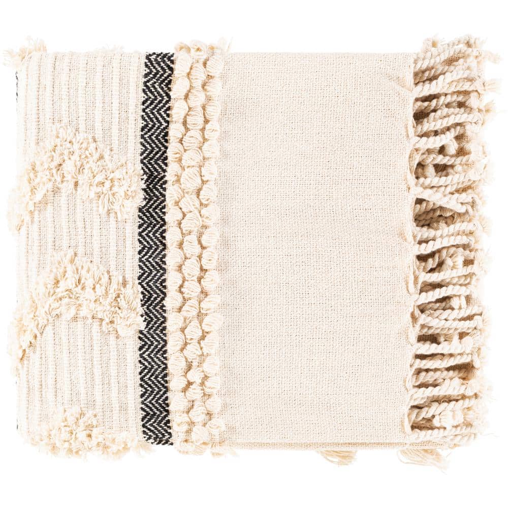 Ivory and Black Cotton Boho Throw Blanket with Tassels