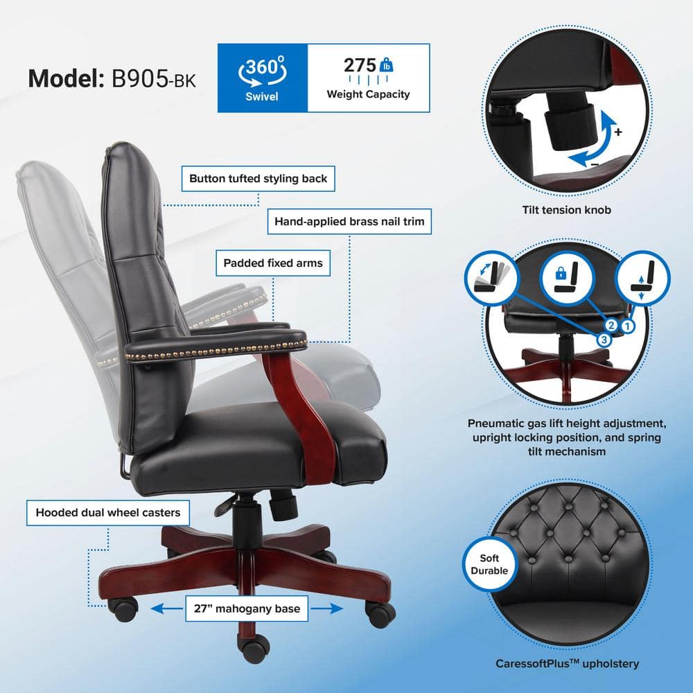 Classic Elegance High-Back Executive Chair in Black Leather and Mahogany