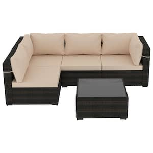 5-Piece Wicker Patio Conversation Sectional Seating Set with Beige Cushions