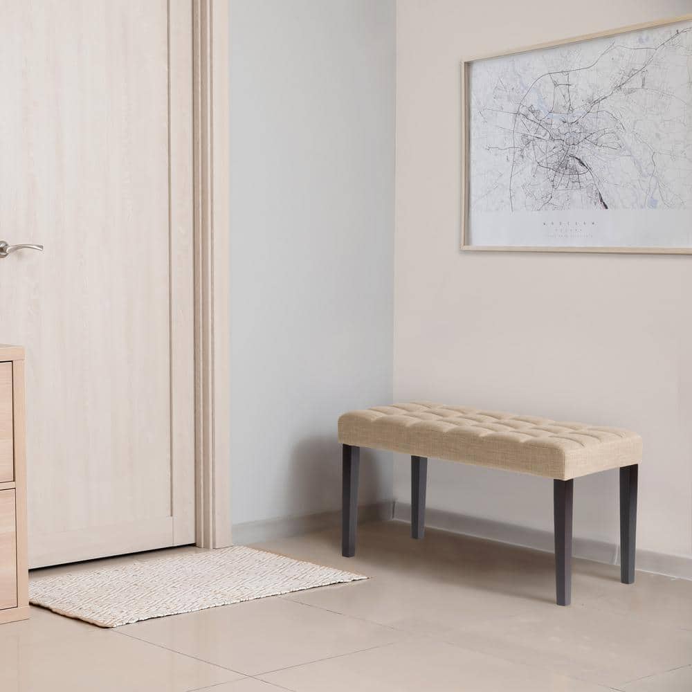 California Dark Beige Tufted Fabric Bedroom Bench with Wood Legs