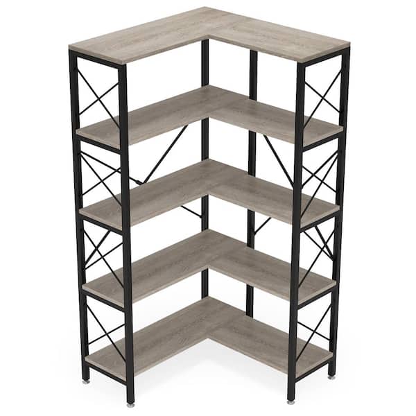 BYBLIGHT Eulas 66 in. Tall Brown Engineered Wood 5-Shelf Modern Bookcase with Metal Frame Corner Bookhelf for Living Room