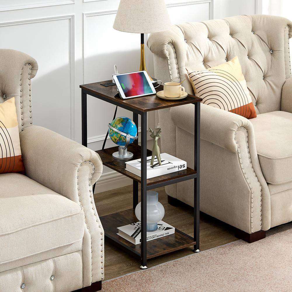 3-Tier Gray Side Table Stable Open Shelves with Metal Frames, End table with Plug Sockets and USB Ports - thumbnail 3