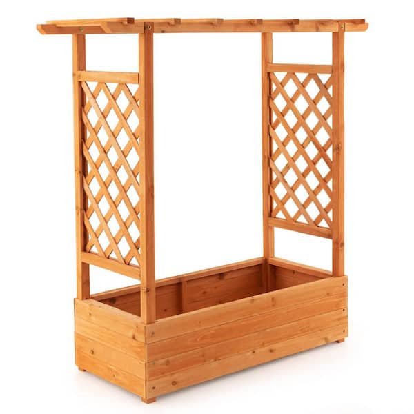 44 in. x 18 in. x 45 in. Natural Wood Raised Garden Bed with Arch Trellis, Wood Planter Box with Hanging Roof