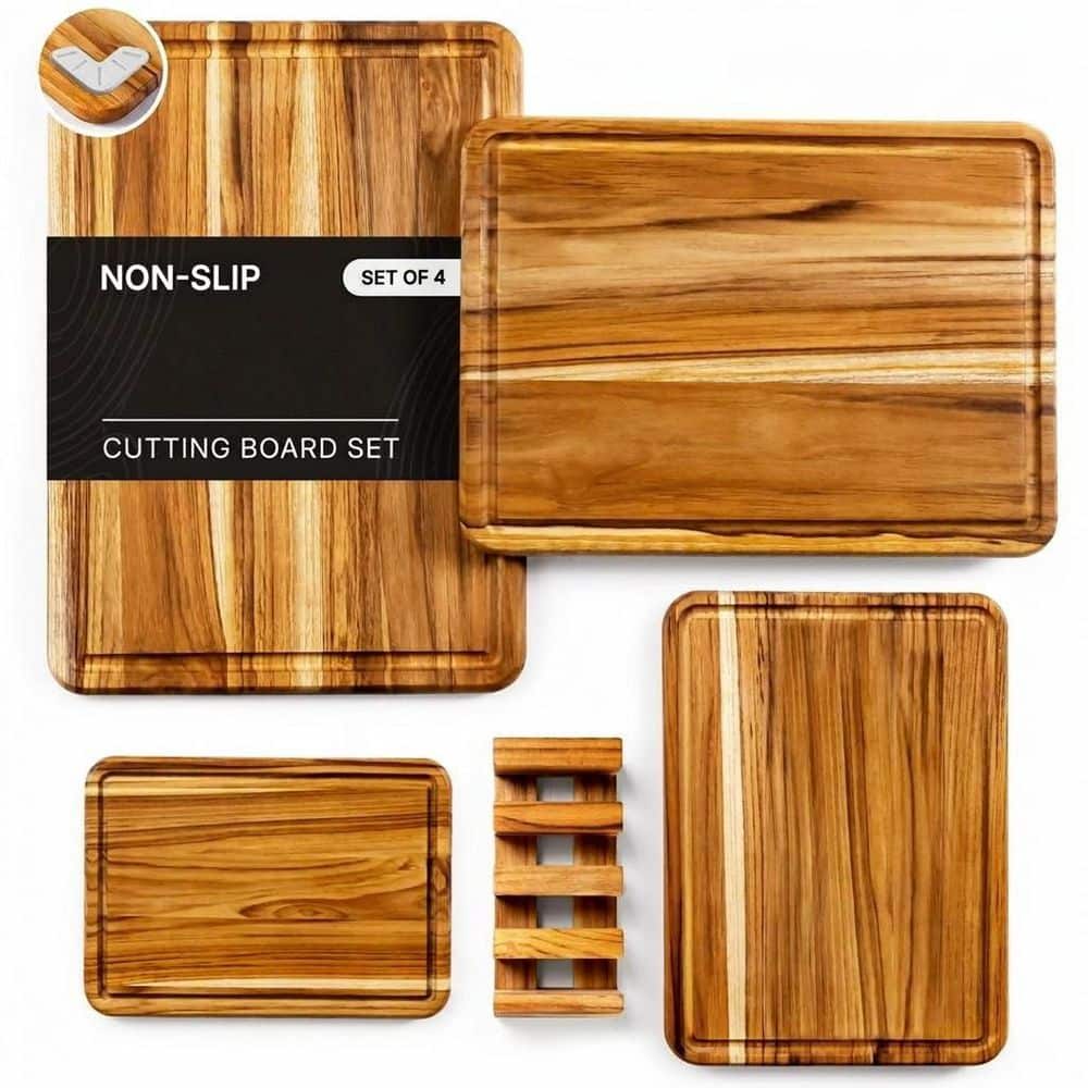 4 Piece Natural Teak Wood Cutting Board Set Kitchen Non-Slip Heavy Duty Chopping Boards with Non-Toxic Finish price history on PriceWatchPro