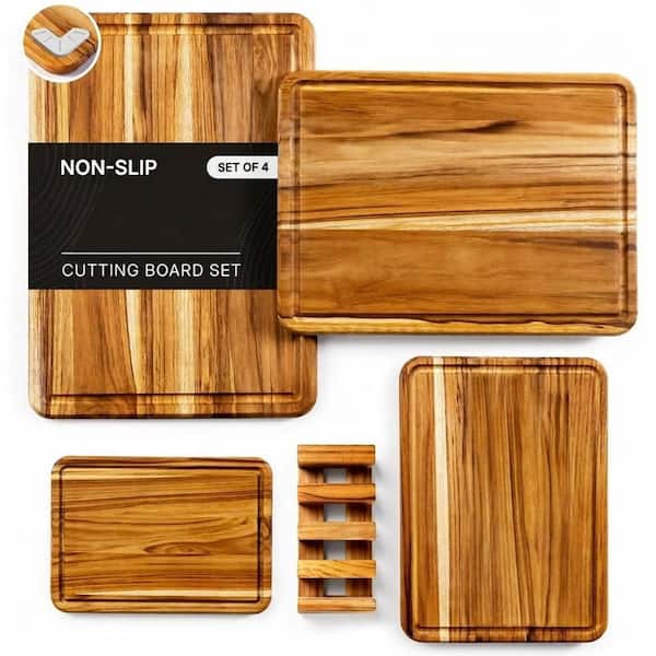 4 Piece Natural Teak Wood Cutting Board Set Kitchen Non-Slip Heavy Duty Chopping Boards with Non-Toxic Finish