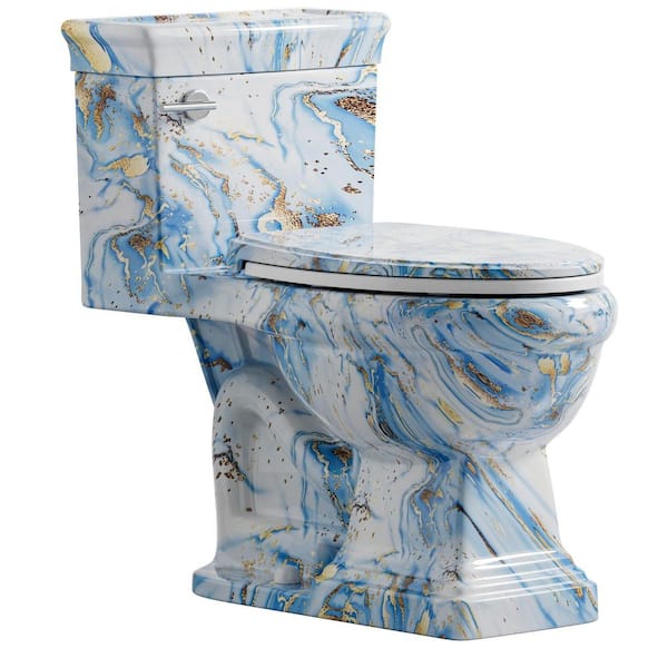 Be Unwhite 17 in. Chair Height Toilet, 1-Piece Elongated Toilet Sky Blue 1.28 GPF Single Flush 12 in. Rough in and Soft-Close Seat