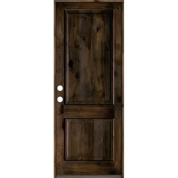 42 in. x 96 in. Rustic Knotty Alder 2 Panel Square Top Right-Hand/Inswing Black Stain Wood Prehung Front Door