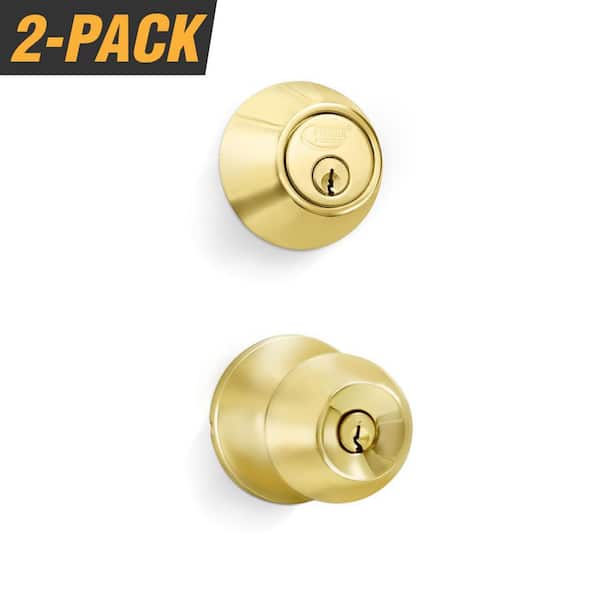 Premier Lock Solid Brass Entry Door Knob Combo Lock Set with Deadbolt and Total 12-Keys, Keyed Alike (2-Pack)