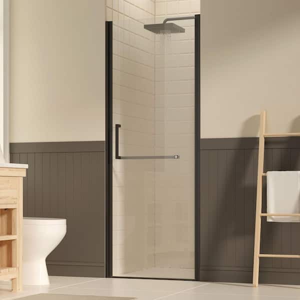 27-28 in. W x 72 in. H Pivot Frameless Shower Door in Matte Black with 1/4 in. SGCC Clear Tempered Glass, Reversible