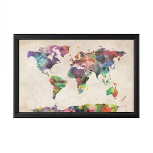 "Urban Watercolor World Map" by Michael Tompsett Framed with LED Light Map Wall Art 16 in. x 24 in.