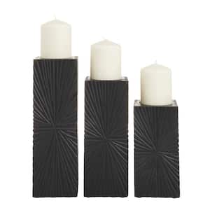 Black Wood Geometric Carved Pillar Candle Holder (Set of 3)