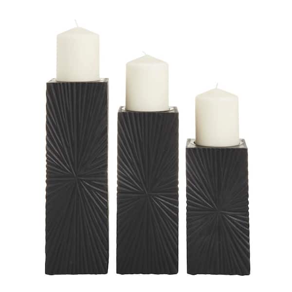 CosmoLiving by Cosmopolitan Black Wood Geometric Carved Pillar Candle Holder (Set of 3)